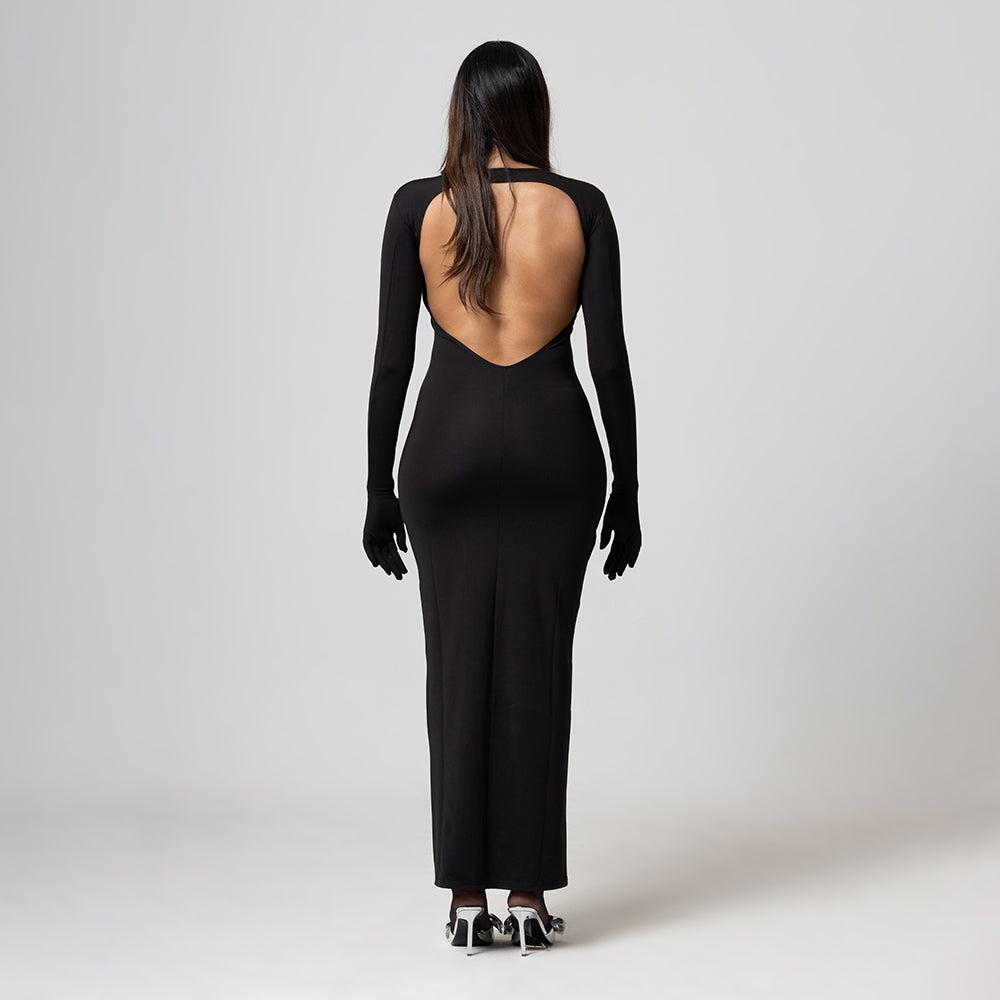 BLACK DRESS WITH GLOVIS