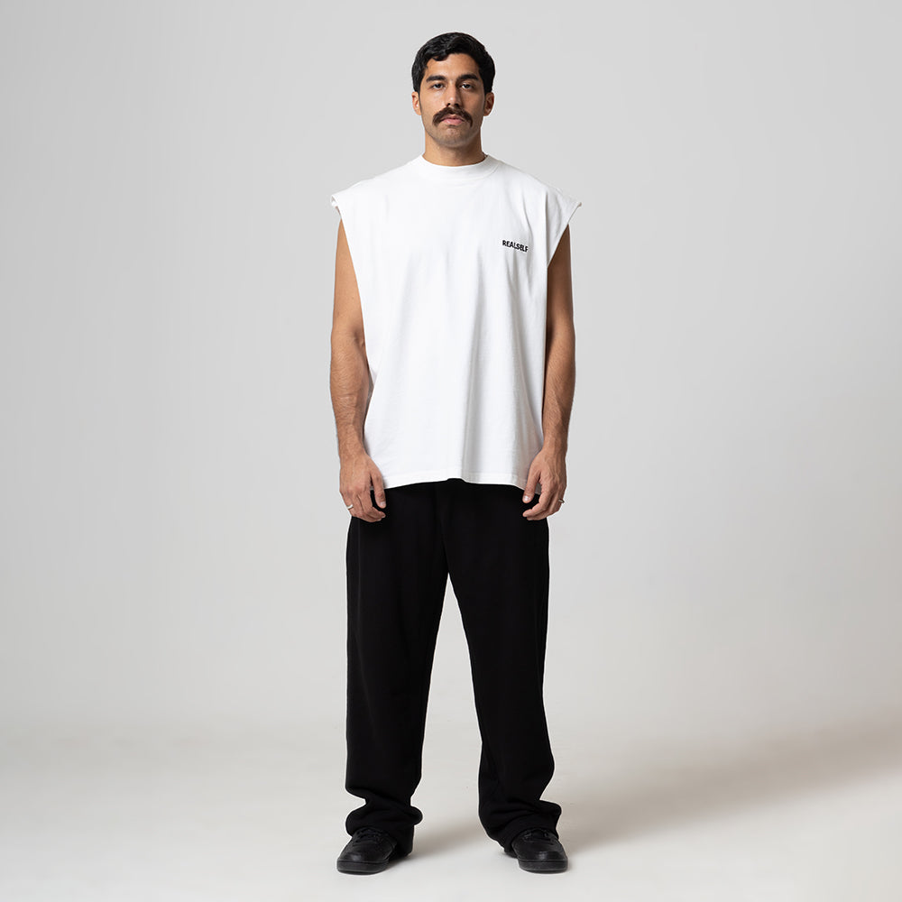 REALSELF EMBROIDERY LOGO WIDE LEG BLACK JOGGING PANTS