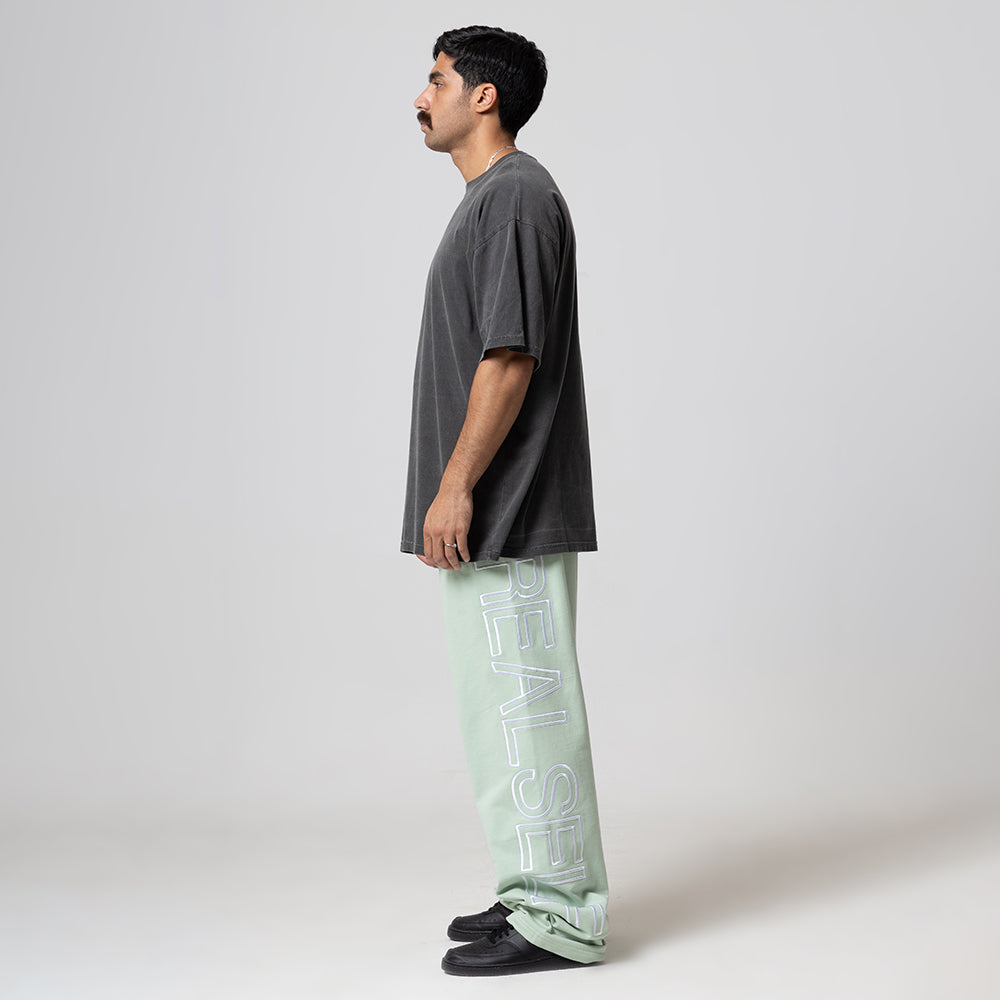 REALSELF GREEN EMBROIDERY ONE LEG LOGO WIDE JOGGING PANTS