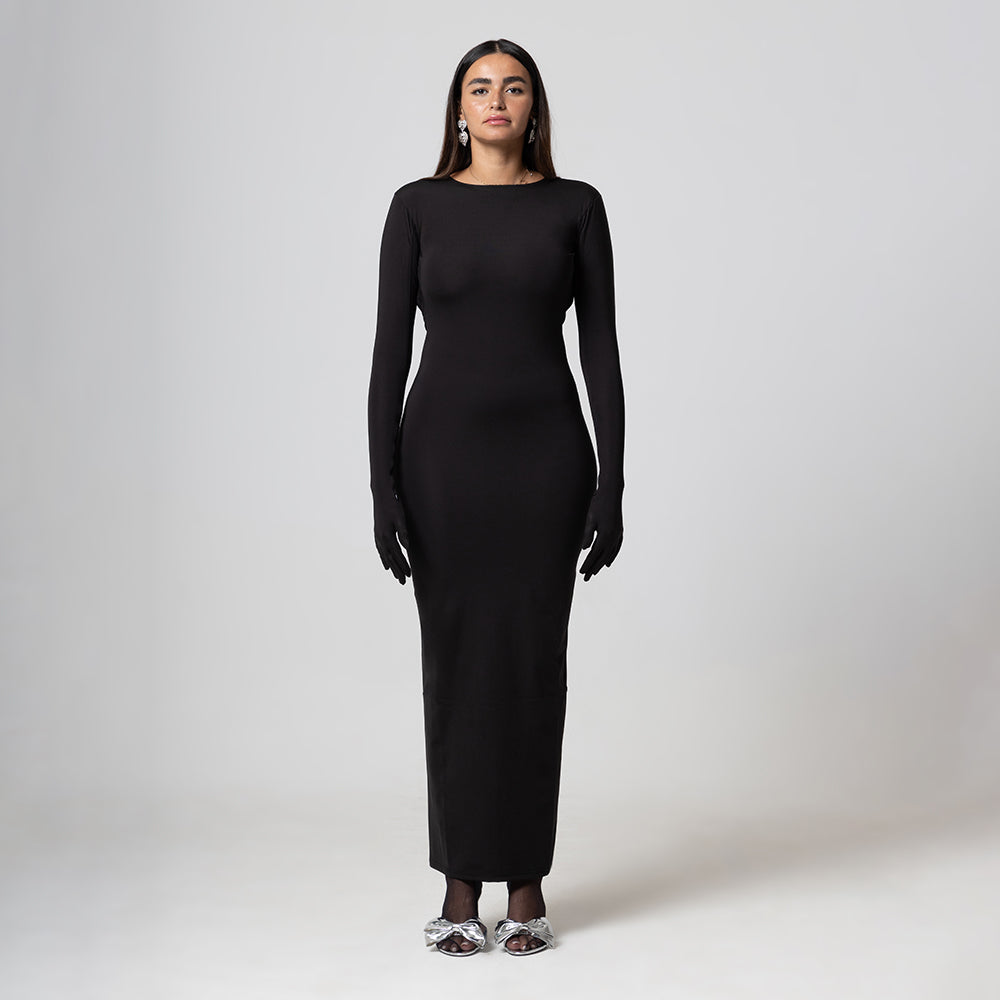 BLACK DRESS WITH GLOVIS