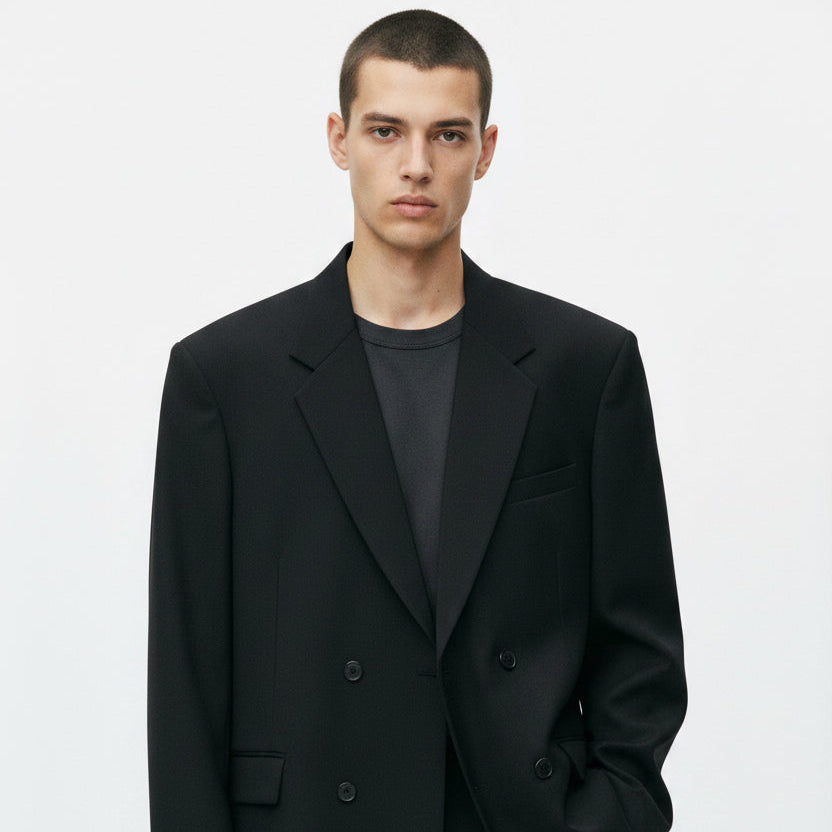 Black Boxy Oversized Double-Breasted Crepe Blazer